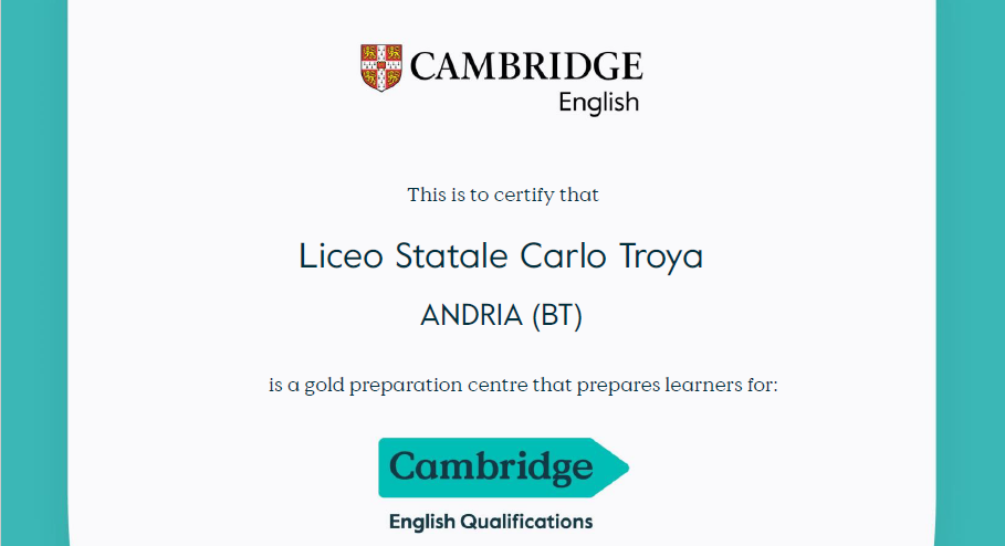 Il Liceo Troya è centro Gold per le certificazioni Cambridge A.S. 2025/2026